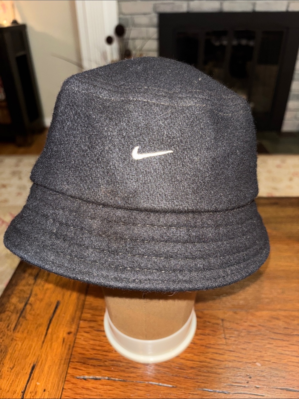 Vintage 1990s Nike Black Wool Bucket Hat with White Swoosh Made in USA